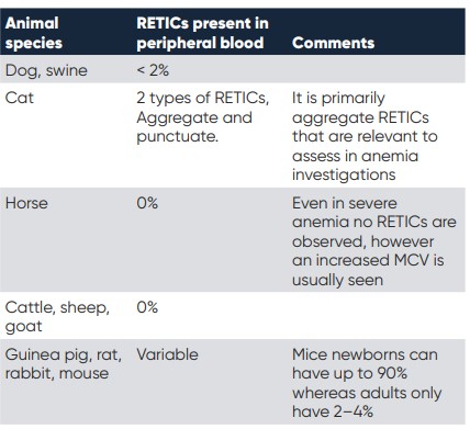 Table of different species and their normal amounts of reticulocytes in the peripheral blood