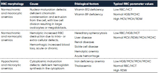 Table of Anemia classified based on cell morphology