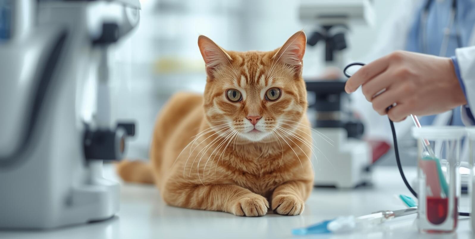 Cat in a lab setting getting ready for a blood sample